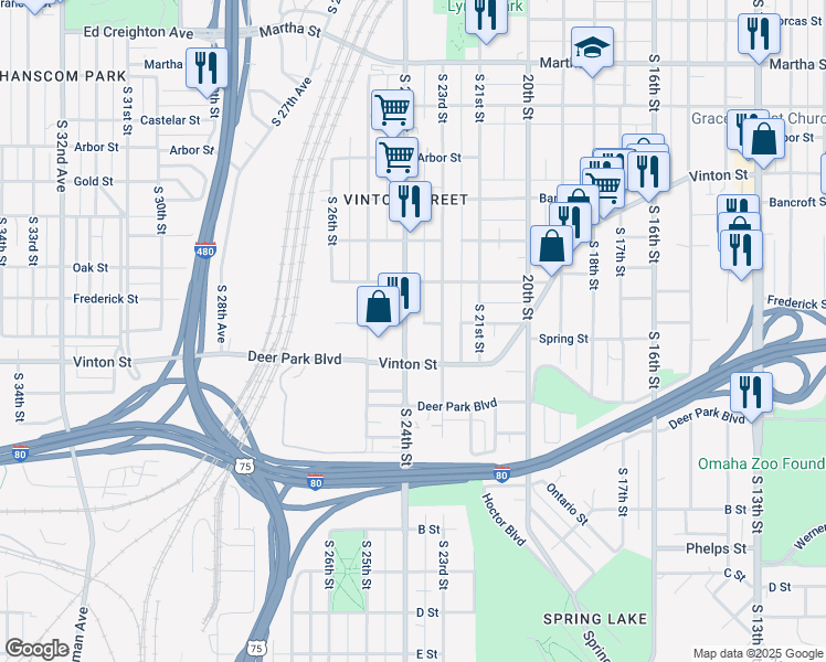 map of restaurants, bars, coffee shops, grocery stores, and more near 3101 South 24th Street in Omaha