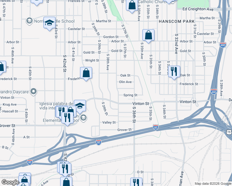 map of restaurants, bars, coffee shops, grocery stores, and more near 3118 S 38th St in Omaha