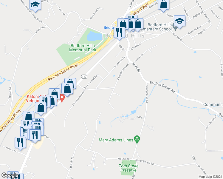 map of restaurants, bars, coffee shops, grocery stores, and more near 55 Woodland Road in Bedford Hills