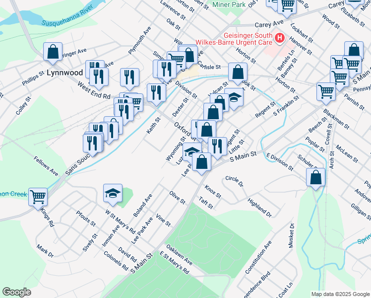 map of restaurants, bars, coffee shops, grocery stores, and more near 66 Luzerne Street in Wilkes-Barre