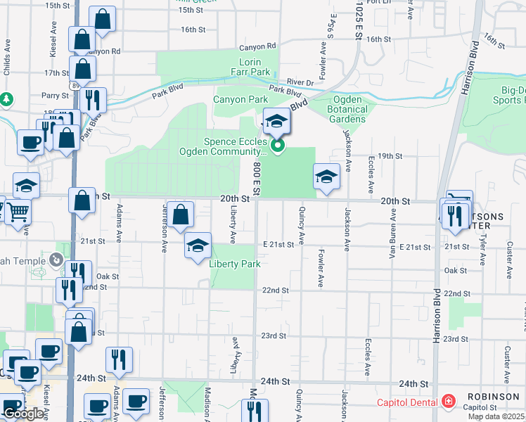 map of restaurants, bars, coffee shops, grocery stores, and more near 2010 Monroe Boulevard in Ogden