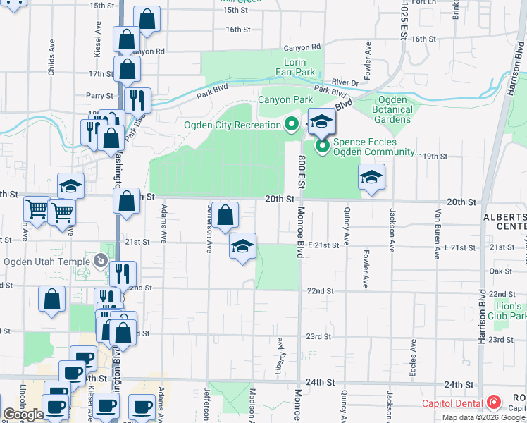 map of restaurants, bars, coffee shops, grocery stores, and more near 2018 Madison Avenue in Ogden