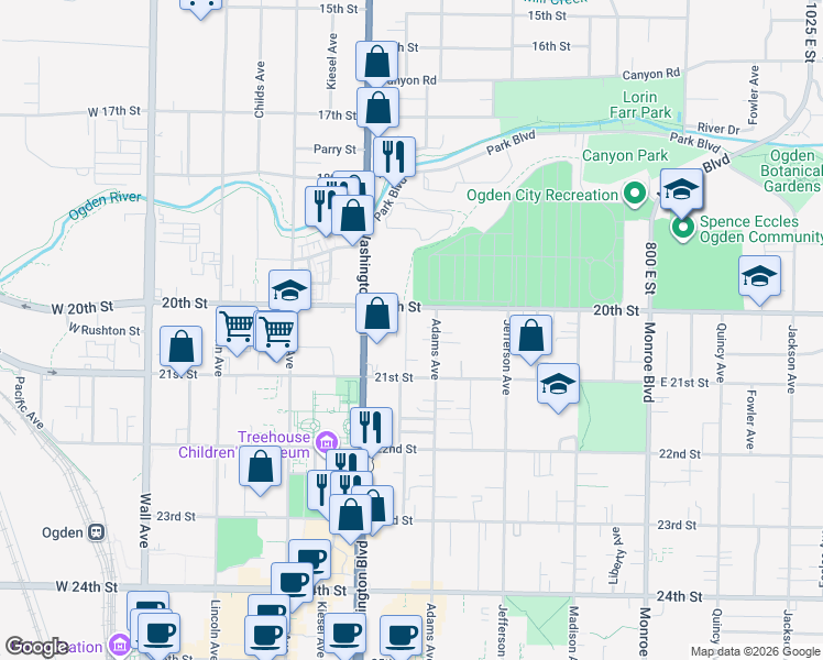 map of restaurants, bars, coffee shops, grocery stores, and more near 441 20th Street in Ogden