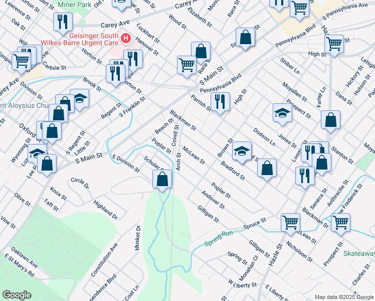 map of restaurants, bars, coffee shops, grocery stores, and more near 70 McLean Street in Wilkes-Barre