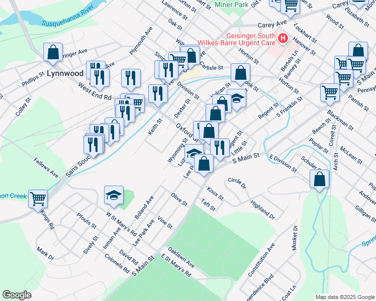 map of restaurants, bars, coffee shops, grocery stores, and more near 66 Luzerne Street in Wilkes-Barre
