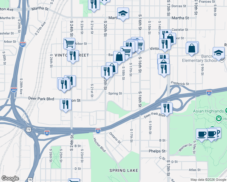 map of restaurants, bars, coffee shops, grocery stores, and more near 1908 Spring Street in Omaha