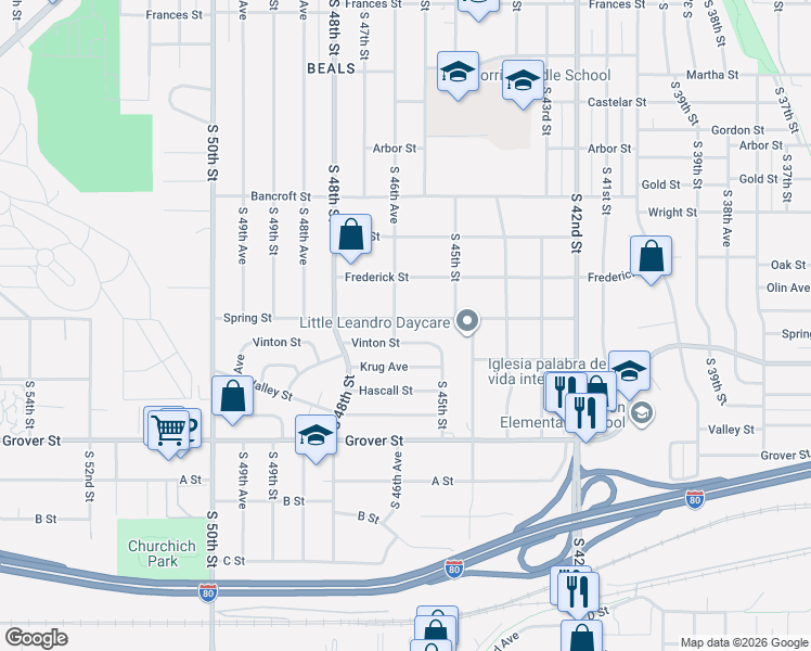 map of restaurants, bars, coffee shops, grocery stores, and more near 4603 Spring Street in Omaha