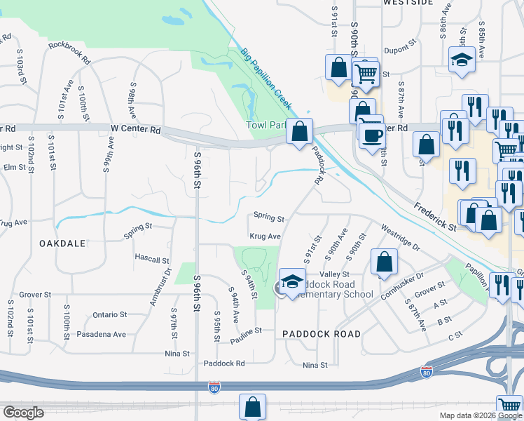 map of restaurants, bars, coffee shops, grocery stores, and more near 9346 Spring Street in Omaha