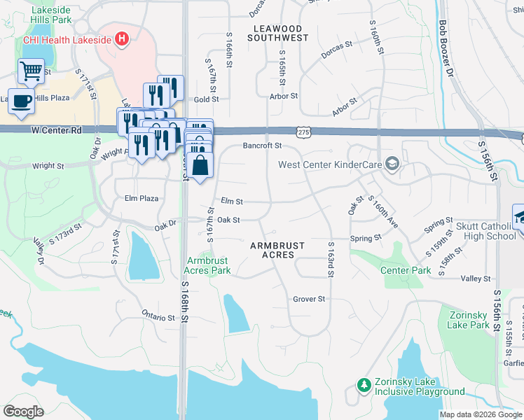 map of restaurants, bars, coffee shops, grocery stores, and more near 16557 Elm Street in Omaha