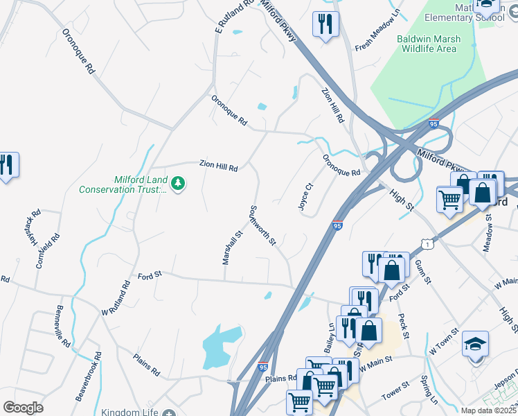 map of restaurants, bars, coffee shops, grocery stores, and more near 117 Southworth Street in Milford