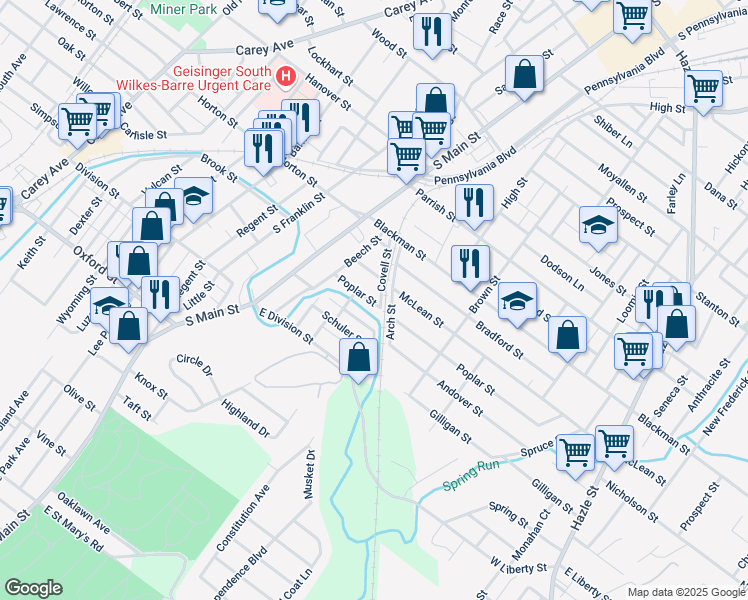 map of restaurants, bars, coffee shops, grocery stores, and more near 77 Covell Street in Wilkes-Barre