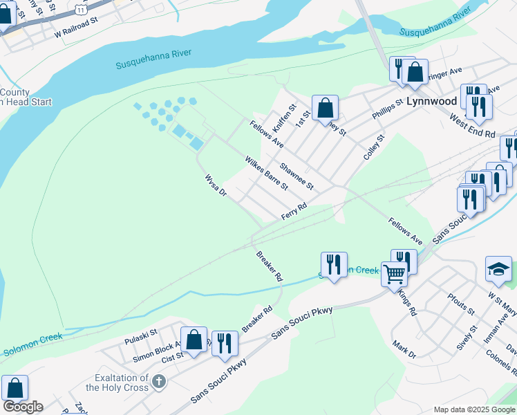 map of restaurants, bars, coffee shops, grocery stores, and more near 582 Nanticoke Street in Wilkes-Barre