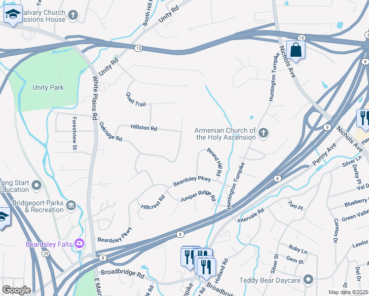 map of restaurants, bars, coffee shops, grocery stores, and more near 110 Oakridge Road in Trumbull