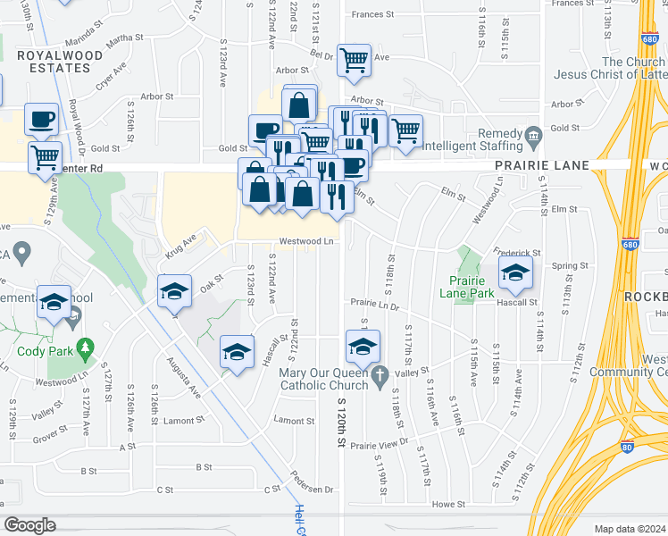 map of restaurants, bars, coffee shops, grocery stores, and more near 3030 South 120th Street in Omaha
