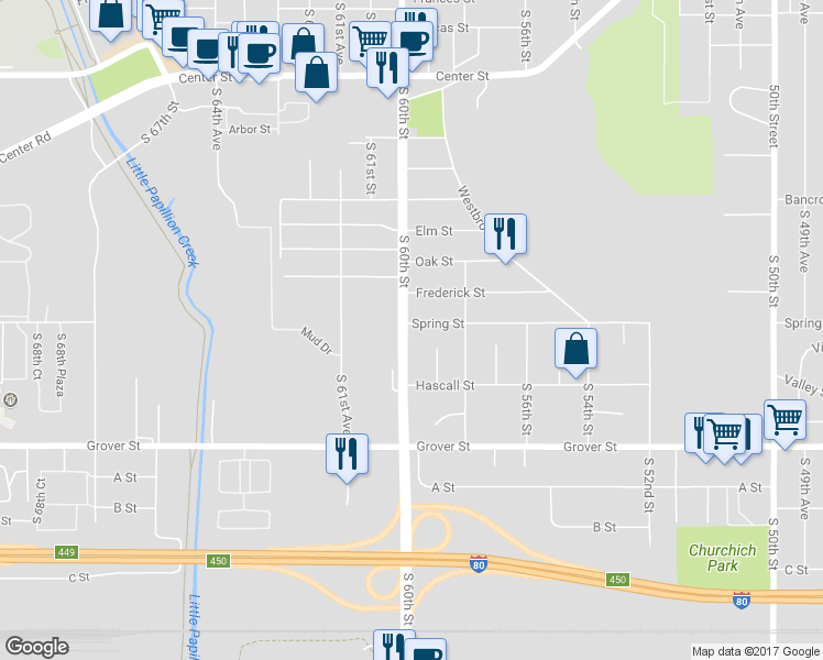 map of restaurants, bars, coffee shops, grocery stores, and more near 3101 South 60th Street in Omaha