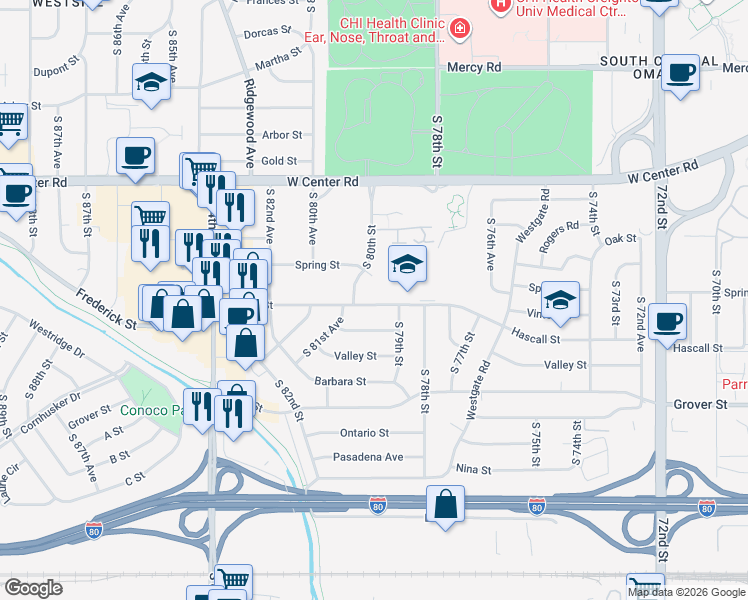 map of restaurants, bars, coffee shops, grocery stores, and more near 8002 Hascall Street in Omaha