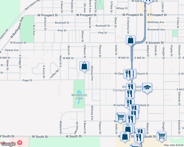 map of restaurants, bars, coffee shops, grocery stores, and more near 300 Whitney Avenue in Kewanee