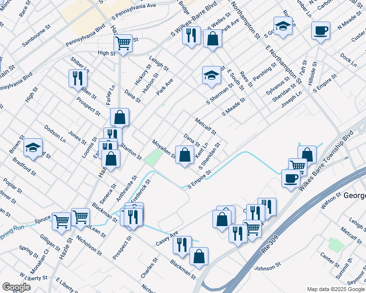 map of restaurants, bars, coffee shops, grocery stores, and more near 182 Almond Lane in Wilkes-Barre