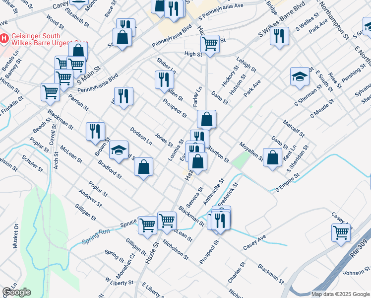 map of restaurants, bars, coffee shops, grocery stores, and more near 158-160 Jones Street in Wilkes-Barre