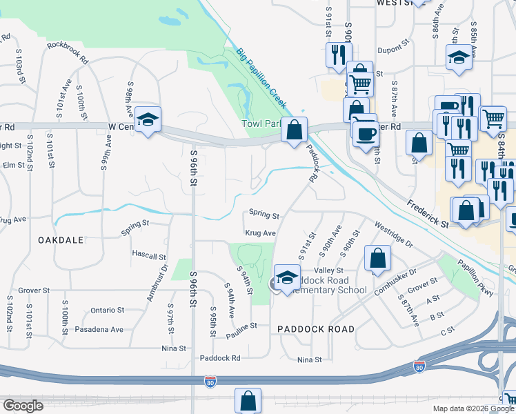map of restaurants, bars, coffee shops, grocery stores, and more near 9346 Spring Street in Omaha