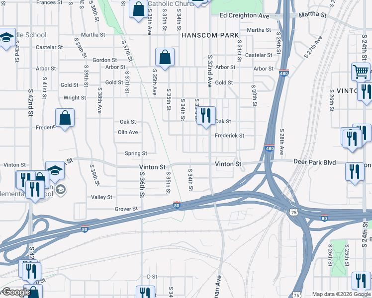map of restaurants, bars, coffee shops, grocery stores, and more near 3079 South 34th Street in Omaha