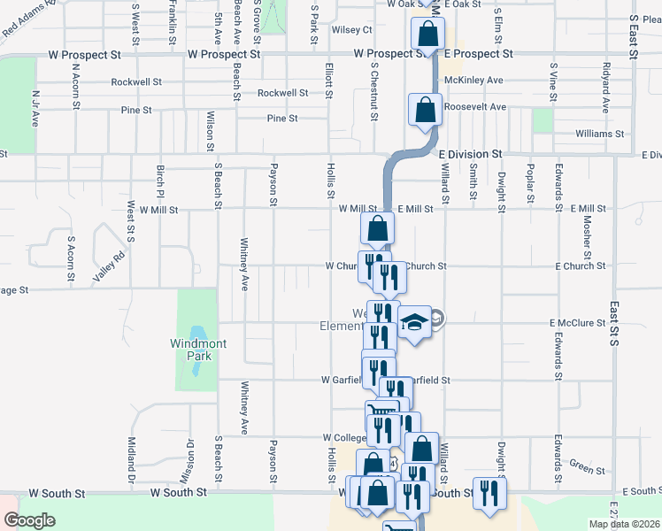 map of restaurants, bars, coffee shops, grocery stores, and more near 200 West Church Street in Kewanee