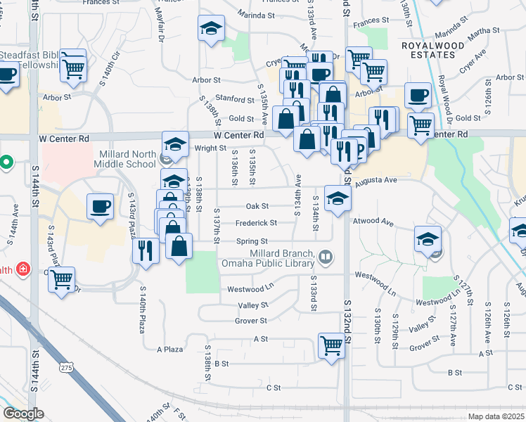 map of restaurants, bars, coffee shops, grocery stores, and more near 13479 Oak Street in Omaha