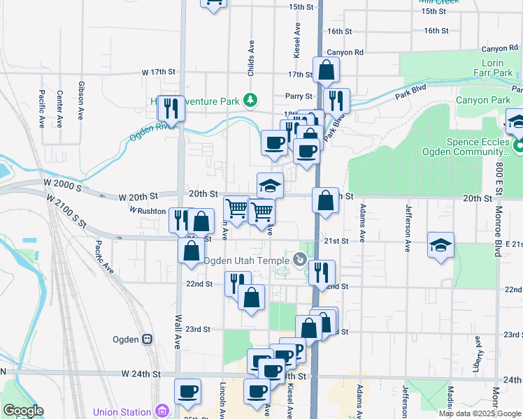 map of restaurants, bars, coffee shops, grocery stores, and more near 2033 Grant Avenue in Ogden