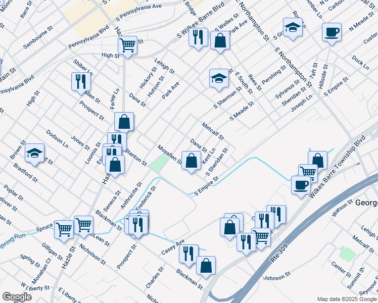map of restaurants, bars, coffee shops, grocery stores, and more near 182 Almond Lane in Wilkes-Barre
