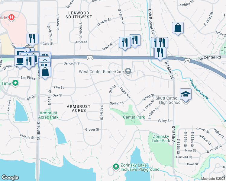 map of restaurants, bars, coffee shops, grocery stores, and more near 16075 Oak Street in Omaha