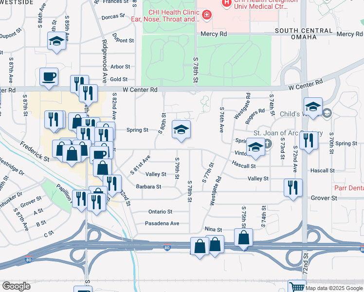 map of restaurants, bars, coffee shops, grocery stores, and more near 7802 Hascall Street in Omaha