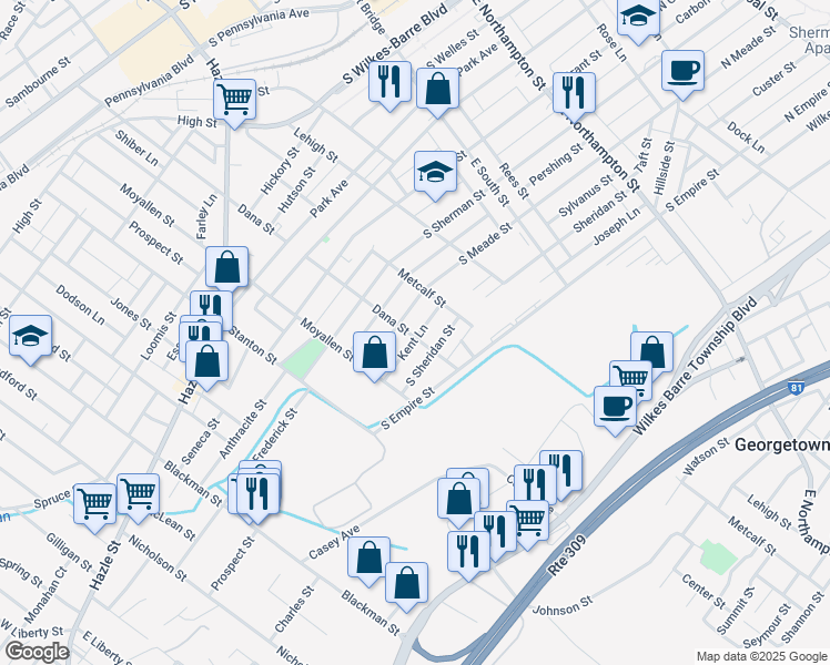 map of restaurants, bars, coffee shops, grocery stores, and more near 99 Kent Lane in Wilkes-Barre