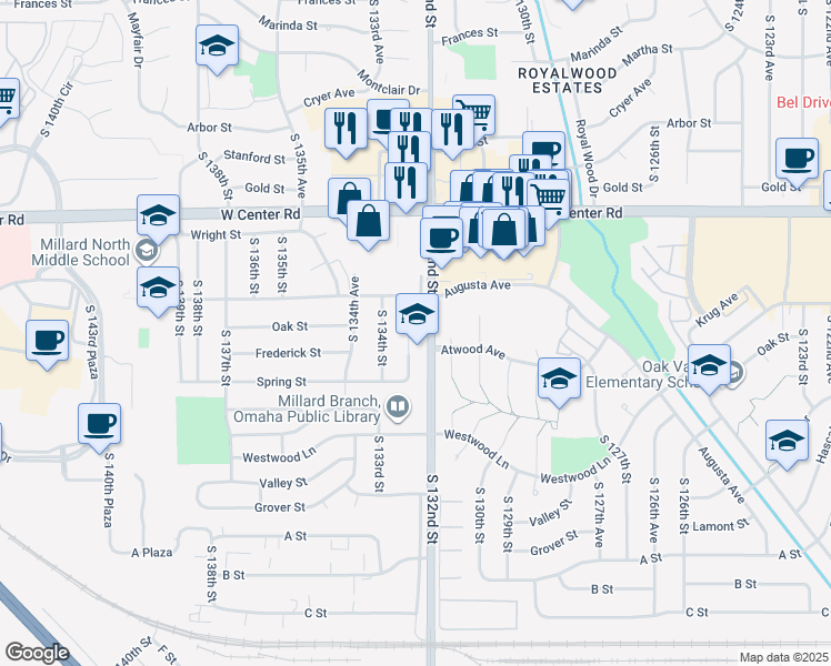 map of restaurants, bars, coffee shops, grocery stores, and more near 3107 South 133rd Street in Omaha