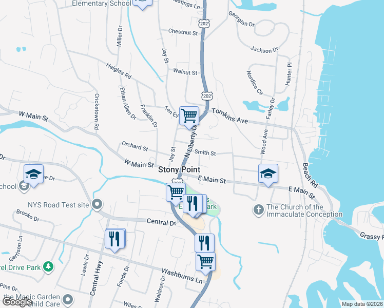 map of restaurants, bars, coffee shops, grocery stores, and more near 18 North Liberty Drive in Stony Point
