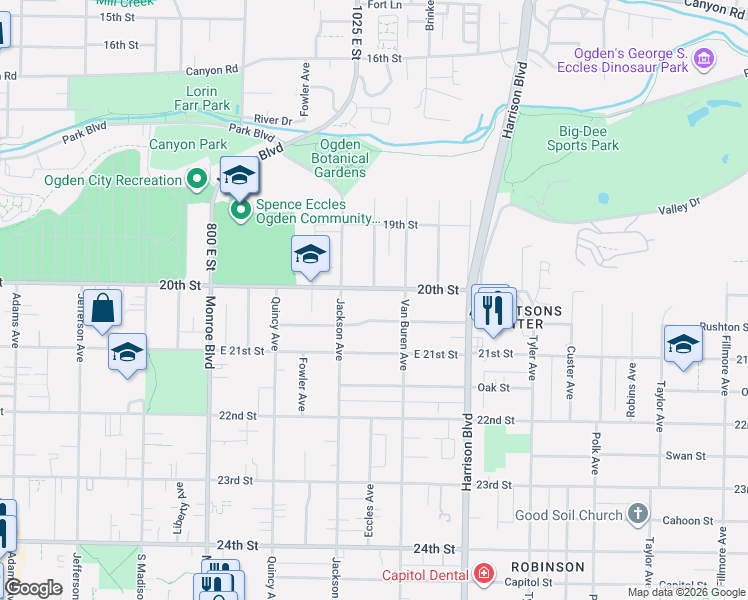 map of restaurants, bars, coffee shops, grocery stores, and more near 1027 20th Street in Ogden