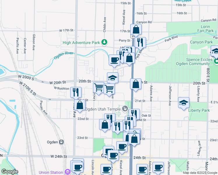 map of restaurants, bars, coffee shops, grocery stores, and more near 2033 Grant Avenue in Ogden