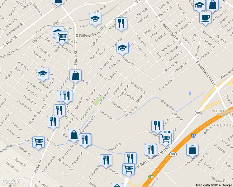 map of restaurants, bars, coffee shops, grocery stores, and more near 180 Almond Ln in Wilkes-Barre