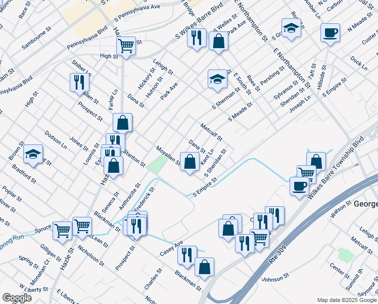 map of restaurants, bars, coffee shops, grocery stores, and more near 180 Almond Lane in Wilkes-Barre