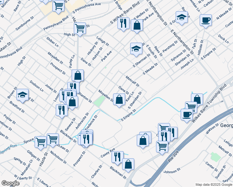 map of restaurants, bars, coffee shops, grocery stores, and more near 180 Almond Lane in Wilkes-Barre