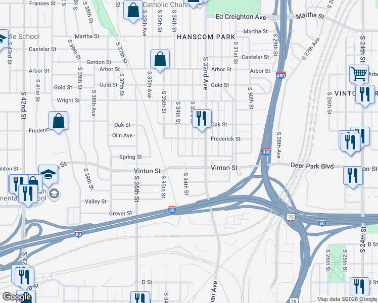 map of restaurants, bars, coffee shops, grocery stores, and more near 3079 South 34th Street in Omaha