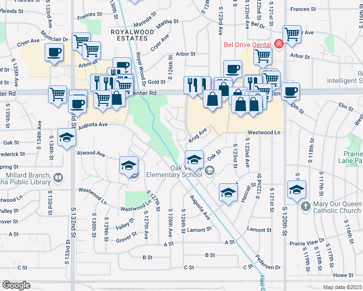 map of restaurants, bars, coffee shops, grocery stores, and more near 12555 Krug Avenue in Omaha