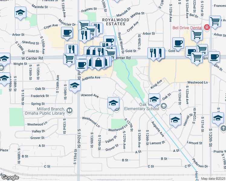 map of restaurants, bars, coffee shops, grocery stores, and more near 12929 Augusta Avenue in Omaha