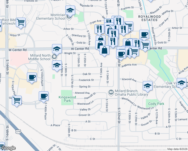 map of restaurants, bars, coffee shops, grocery stores, and more near 3106 South 134th Avenue in Omaha