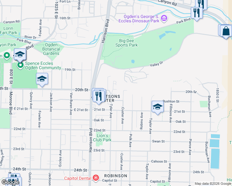 map of restaurants, bars, coffee shops, grocery stores, and more near 1312 East 2025 South in Ogden
