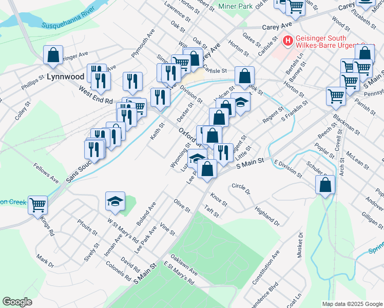 map of restaurants, bars, coffee shops, grocery stores, and more near 66 Luzerne Street in Wilkes-Barre
