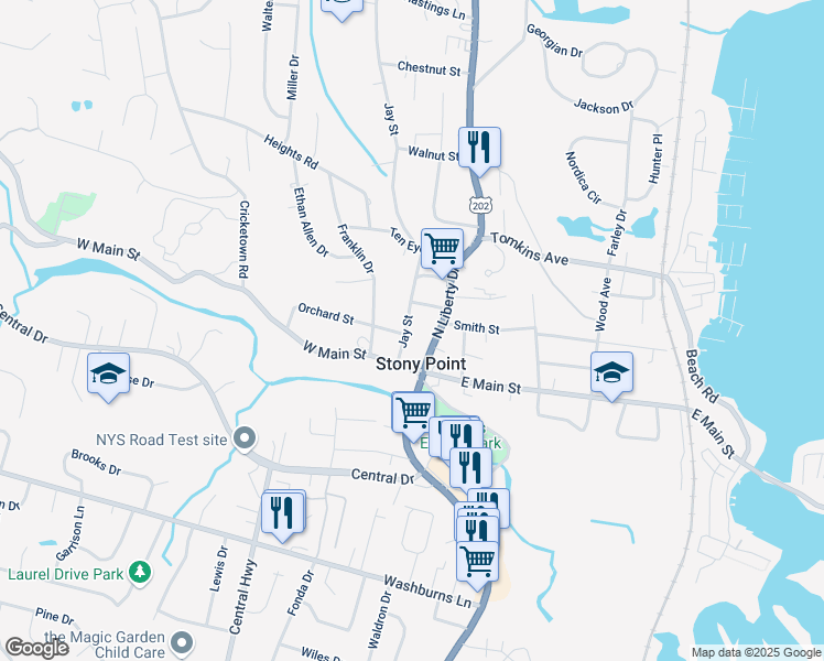 map of restaurants, bars, coffee shops, grocery stores, and more near 12 Jay Street in Stony Point