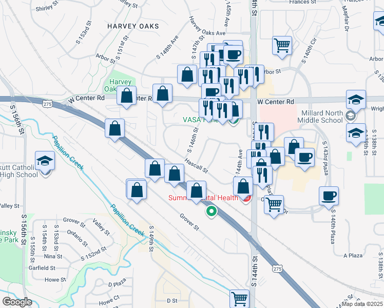 map of restaurants, bars, coffee shops, grocery stores, and more near 3023 South 146th Street in Omaha