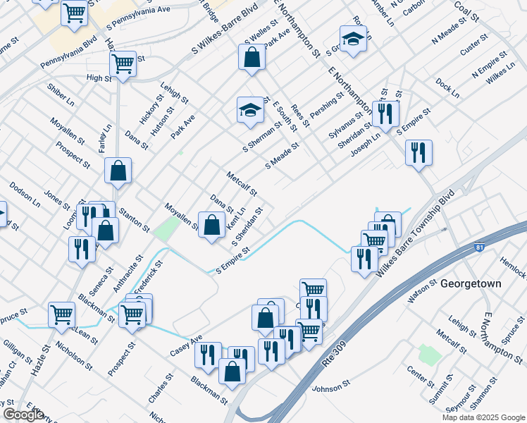 map of restaurants, bars, coffee shops, grocery stores, and more near 252 South Sheridan Street in Wilkes-Barre