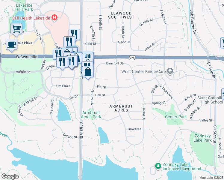 map of restaurants, bars, coffee shops, grocery stores, and more near 16557 Elm Street in Omaha