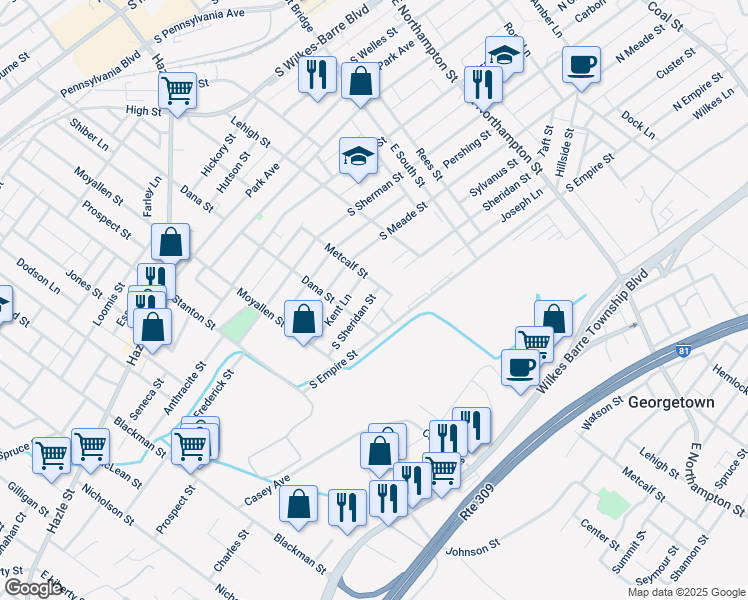 map of restaurants, bars, coffee shops, grocery stores, and more near 252 South Sheridan Street in Wilkes-Barre Township